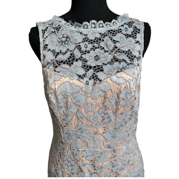 Eliza J Lace Asymmetrical Scalloped Hem Icy Blue Illusion Neckline Sheath Dress - Picture 8 of 15